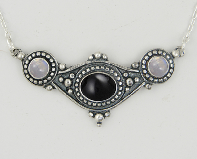 Sterling Silver Necklace With Black Onyx And Rainbow Moonstone
